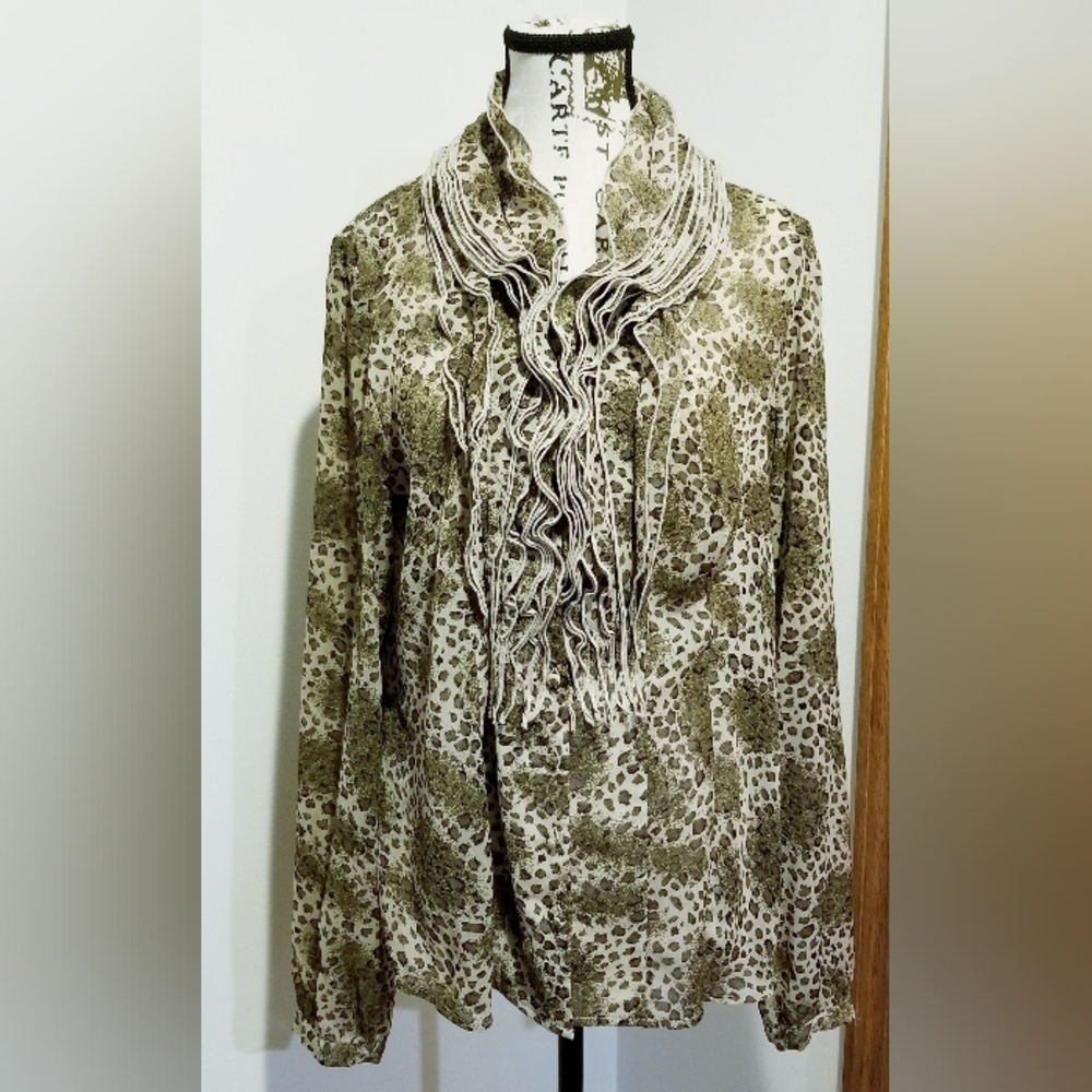 Essentials by Milano Animal Print Ruffle Semi Sheer Longsleeve Blouse Large